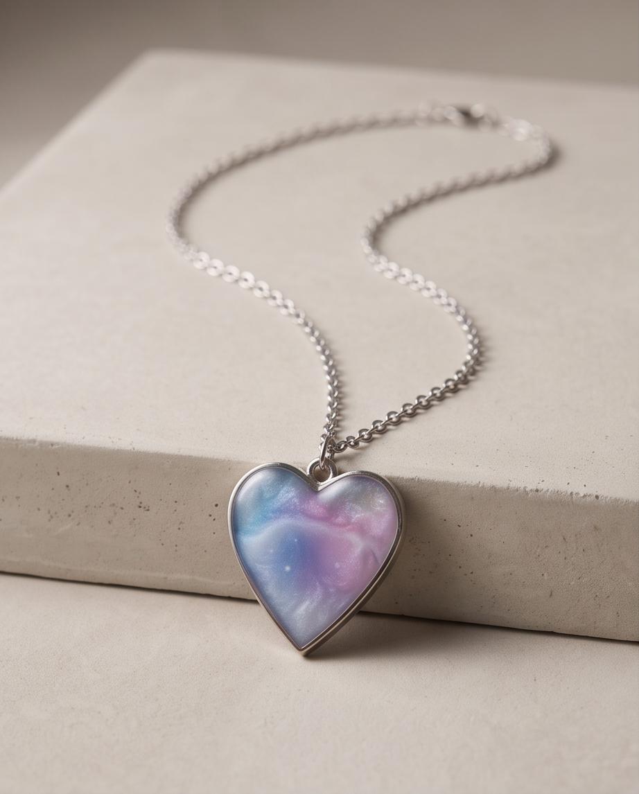 Aurora Heart Resin Necklace | Swirl Blue Lavender Pink Pendant | Handmade Jewelry | Dream Gift for Her