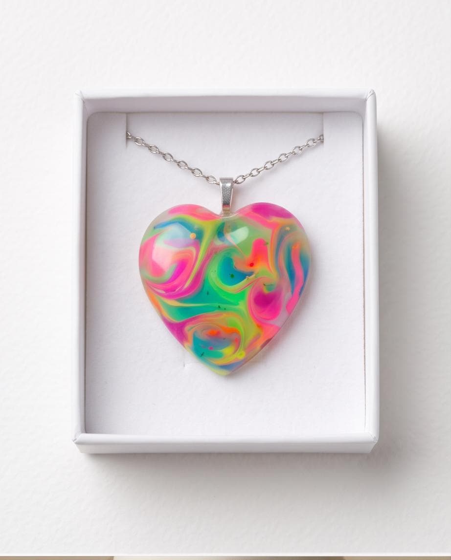 Rainbow Swirl Resin Heart Necklace | Bold Colorful Handmade Pendant | Gift Box Included | Fun Gift for Her