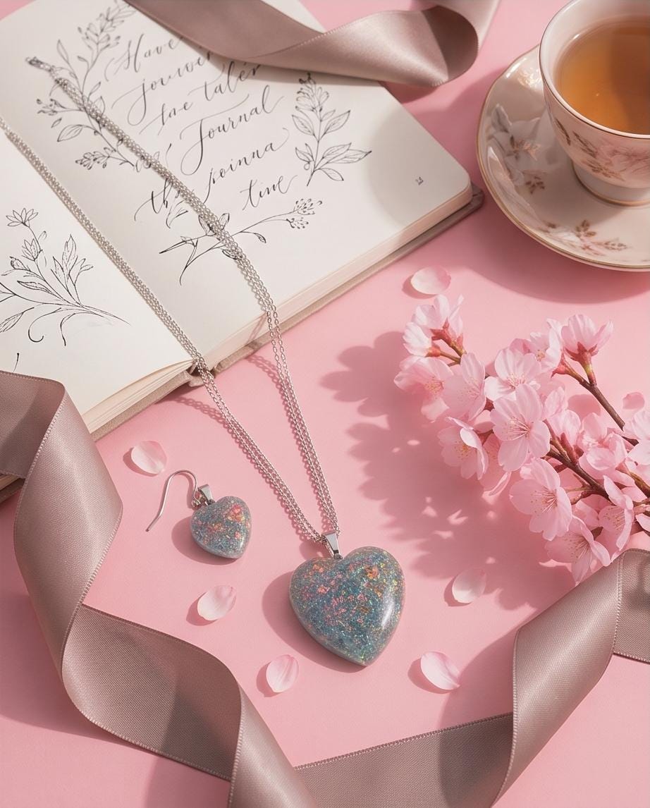 Iridescent Glitter Heart Jewelry Set | Resin Heart Necklace and Earrings | Handmade Gift Set |