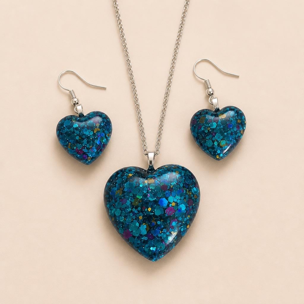 Blue Glitter Resin Heart Jewelry Set | Teal Heart Necklace and Earrings | Handmade Gift Set | Ocean Jewelry