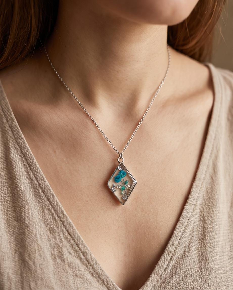 Teal Pressed Flower Diamond Necklace | Handmade Resin Pendant | Silver Foil Botanical Jewelry | Gift for Her