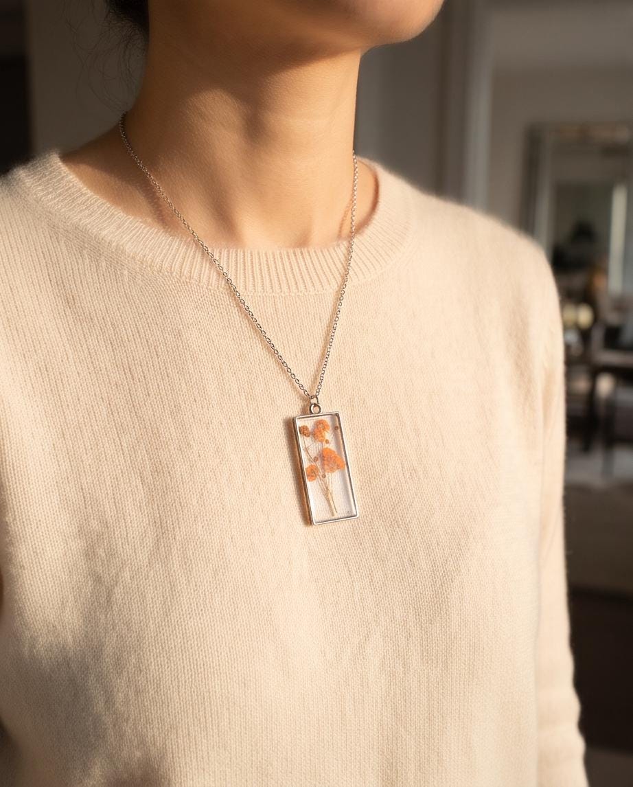 Orange Pressed Flower Resin Necklace | Clear Rectangular Pendant | Handmade Botanical Jewelry | Fall Gift