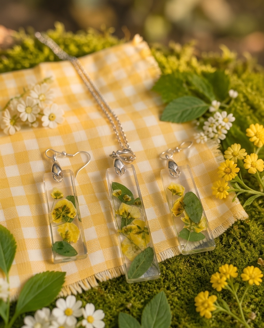 Yellow Pressed Flower Jewelry Set | Resin Necklace and Earrings | Handmade Botanical Gift | Nature Lover Set