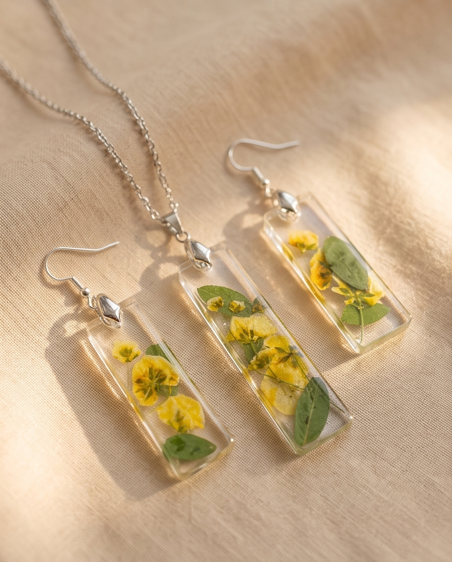 Yellow Pressed Flower Jewelry Set | Resin Necklace and Earrings | Handmade Botanical Gift | Nature Lover Set