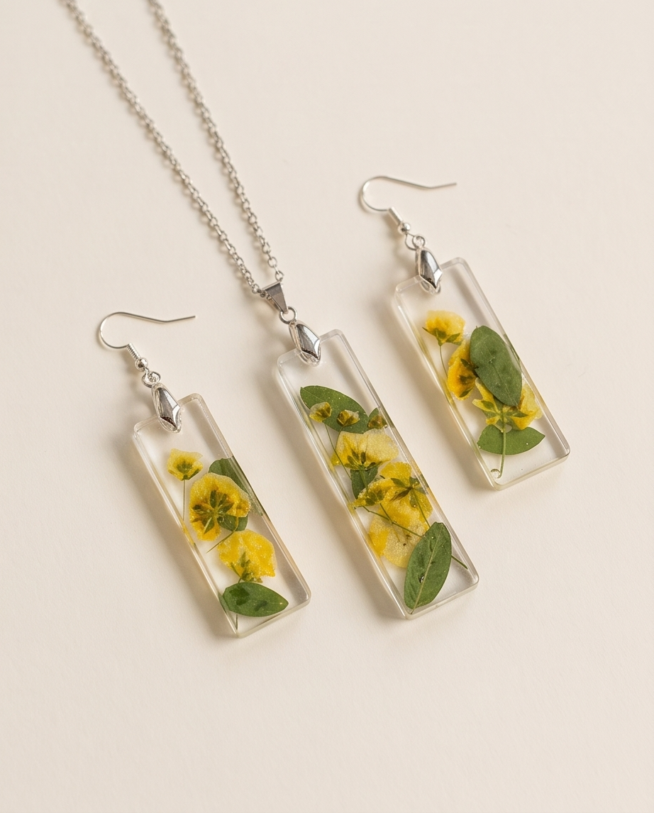 Yellow Pressed Flower Jewelry Set | Resin Necklace and Earrings | Handmade Botanical Gift | Nature Lover Set