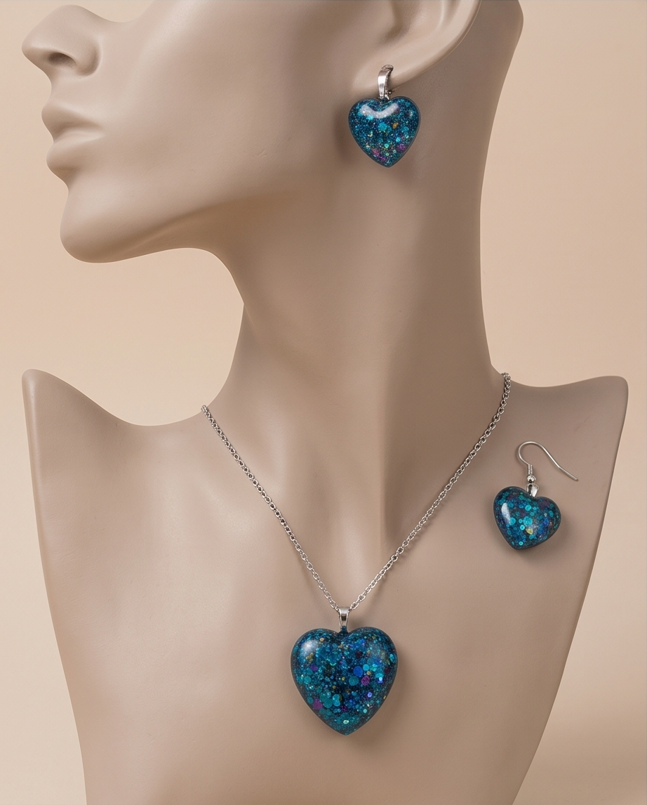 Blue Glitter Resin Heart Jewelry Set | Teal Heart Necklace and Earrings | Handmade Gift Set | Ocean Jewelry