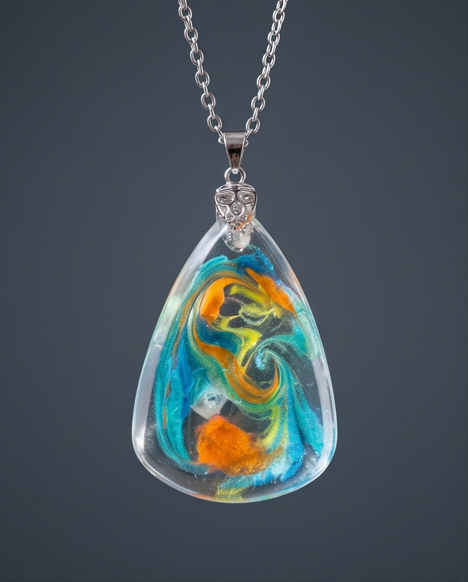 Swirl Resin Pendant Necklace | Teal Orange Handmade Jewelry | Stainless Steel Chain | Wearable Art Gift