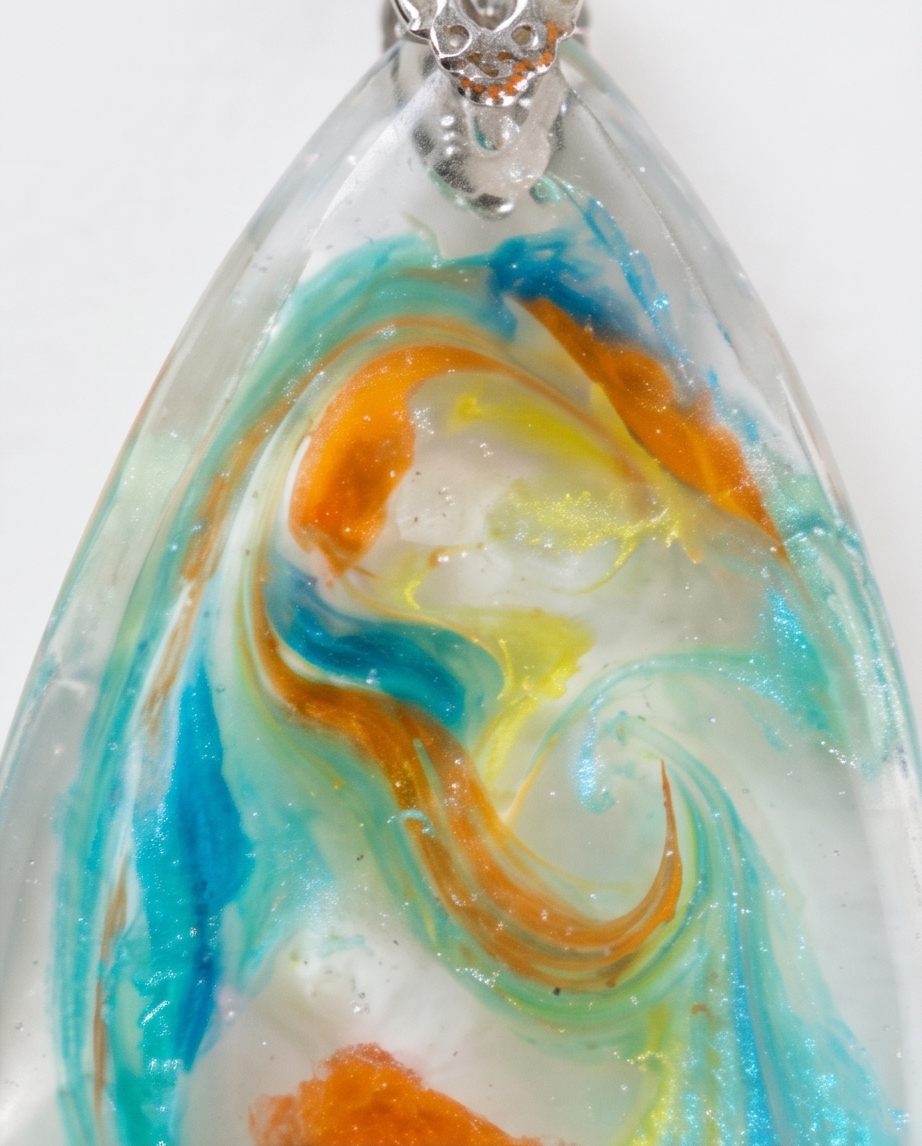 Swirl Resin Pendant Necklace | Teal Orange Handmade Jewelry | Stainless Steel Chain | Wearable Art Gift