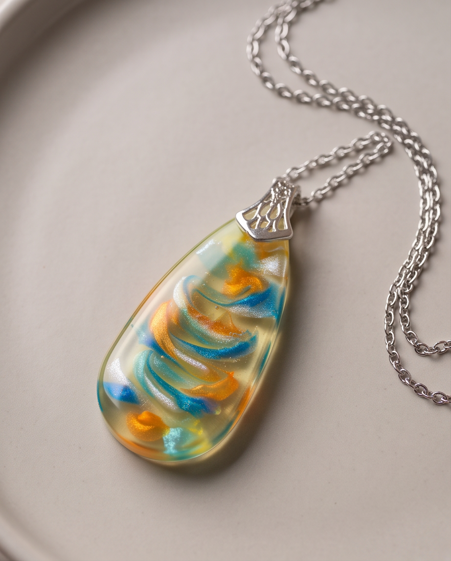 Teardrop Resin Pendant Necklace | Swirl Teal Orange Handmade Jewelry | Statement Pendant | Boho Gift for Her