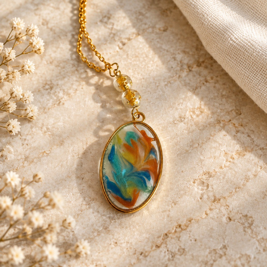 Oval Swirl Resin Pendant Necklace | Gold Tone Stainless Steel Chain | Teal Orange Art Jewelry | Boho Gift