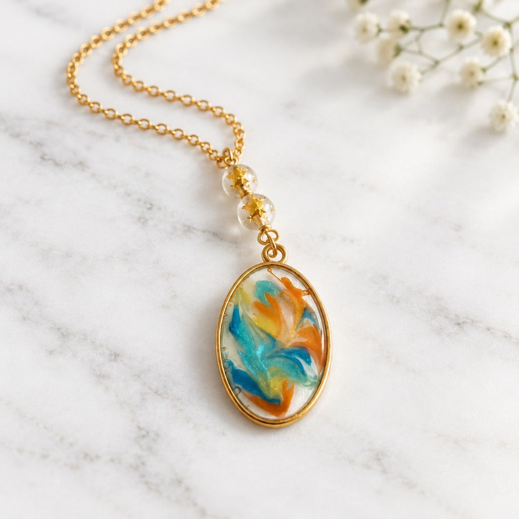 Oval Swirl Resin Pendant Necklace | Gold Tone Stainless Steel Chain | Teal Orange Art Jewelry | Boho Gift