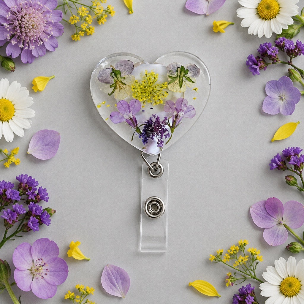 purple and yellow flower heart badge reel