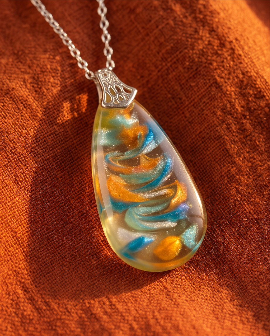 A teardrop-shaped resin pendant necklace with a silver filigree top, featuring swirls of blue, orange, and gold inside a clear resin body, resting on a textured orange fabric background.