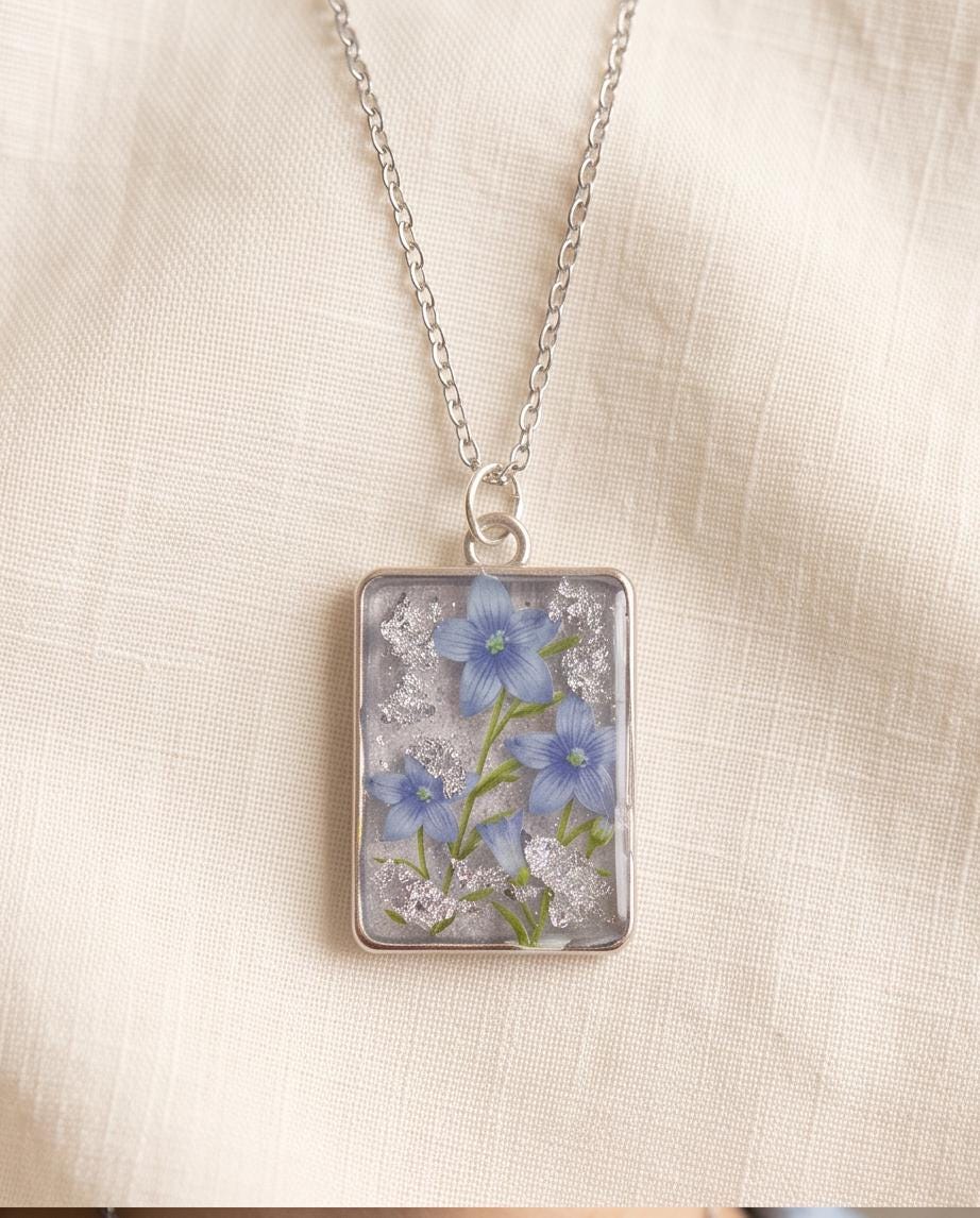Blue Pressed Flower Resin Necklace | Handmade Botanical Pendant | Silver Chain | Floral Jewelry Gift