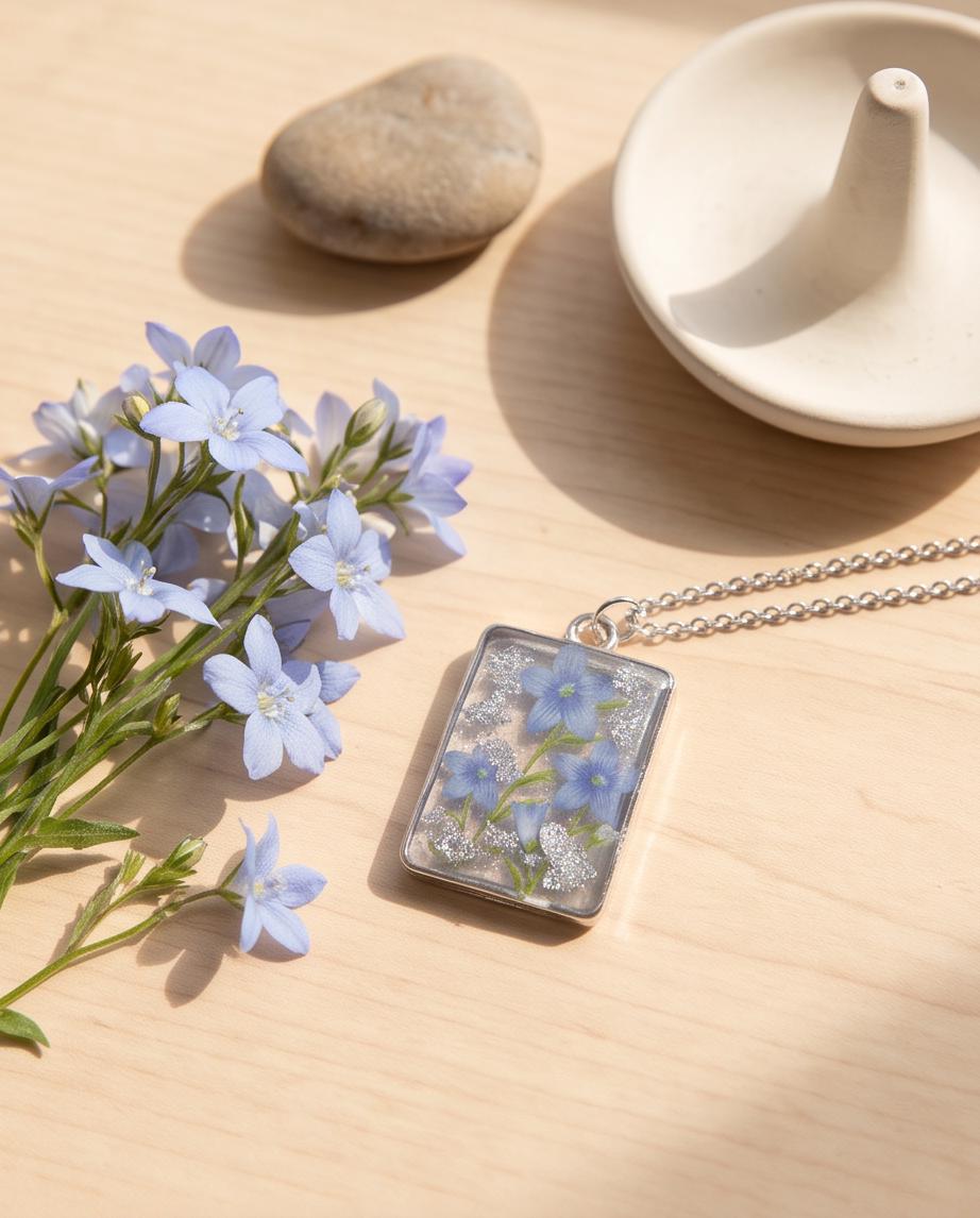 Blue Pressed Flower Resin Necklace | Handmade Botanical Pendant | Silver Chain | Floral Jewelry Gift