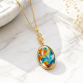 Oval Swirl Resin Pendant Necklace | Gold Tone Stainless Steel Chain | Teal Orange Art Jewelry | Boho Gift