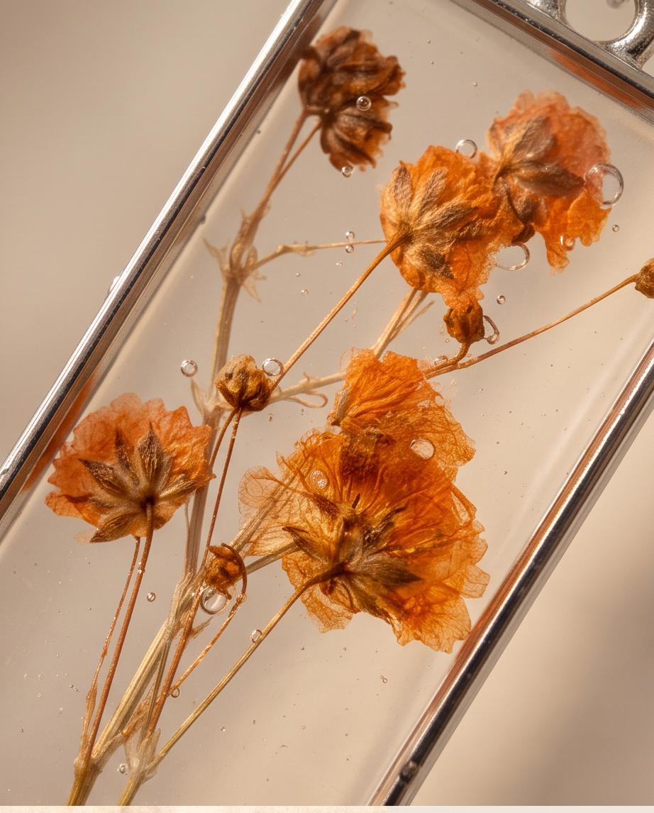 Orange Pressed Flower Resin Necklace | Clear Rectangular Pendant | Handmade Botanical Jewelry | Fall Gift