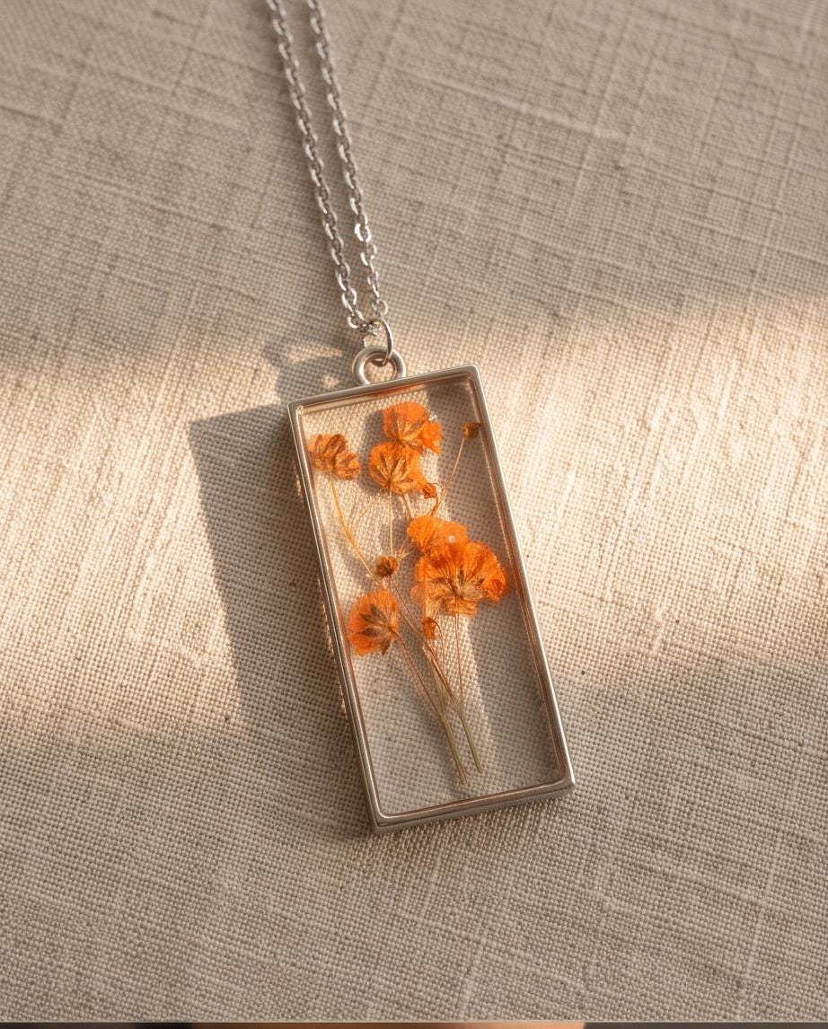 Orange Pressed Flower Resin Necklace | Clear Rectangular Pendant | Handmade Botanical Jewelry | Fall Gift