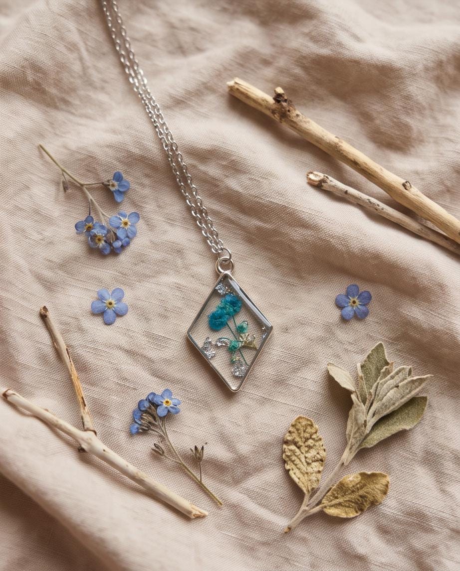 Teal Pressed Flower Diamond Necklace | Handmade Resin Pendant | Silver Foil Botanical Jewelry | Gift for Her