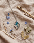 Teal Pressed Flower Diamond Necklace | Handmade Resin Pendant | Silver Foil Botanical Jewelry | Gift for Her