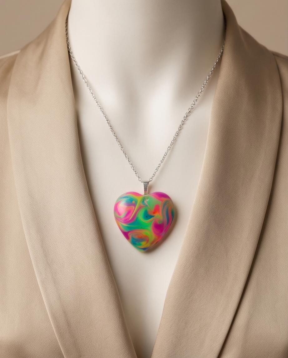 Rainbow Swirl Resin Heart Necklace | Bold Colorful Handmade Pendant | Gift Box Included | Fun Gift for Her