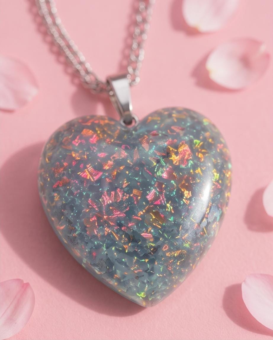 Iridescent Glitter Heart Jewelry Set | Resin Heart Necklace and Earrings | Handmade Gift Set |