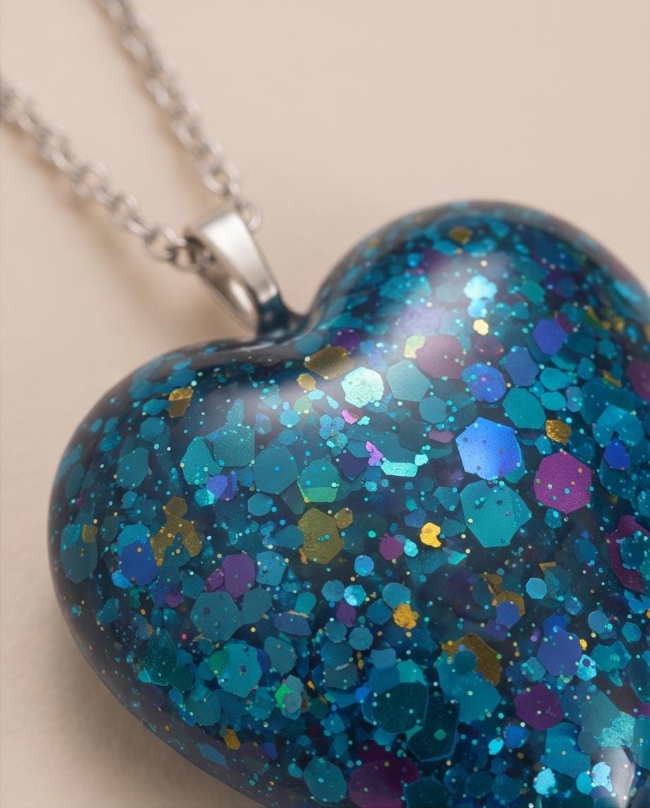 Blue Glitter Resin Heart Jewelry Set | Teal Heart Necklace and Earrings | Handmade Gift Set | Ocean Jewelry
