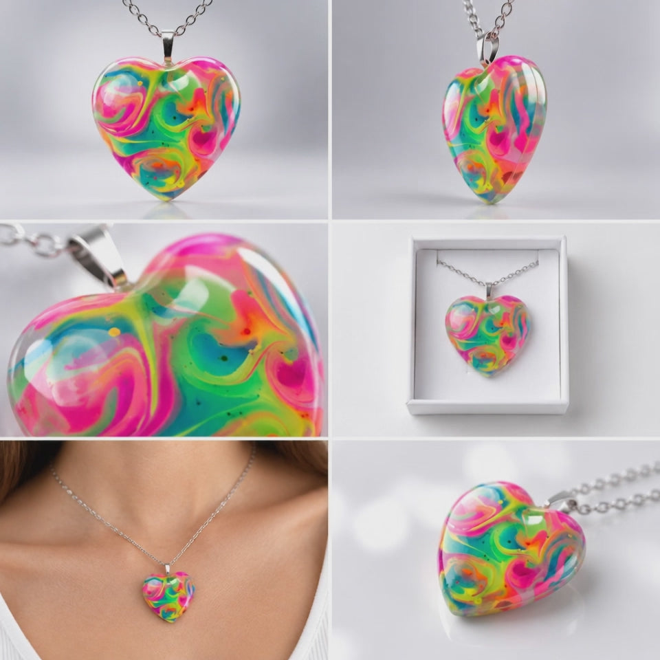 Rainbow Swirl Resin Heart Necklace | Bold Colorful Handmade Pendant | Gift Box Included | Fun Gift for Her